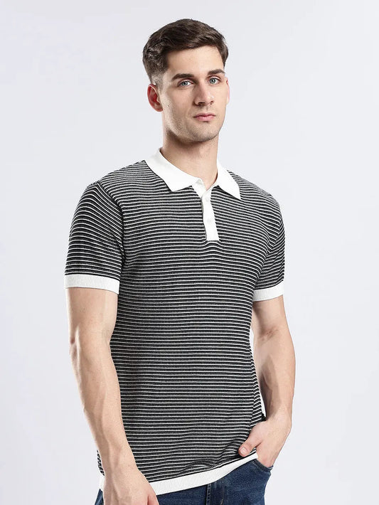 Men's Portofino Striped Jacquard Black & White Polo Vellure