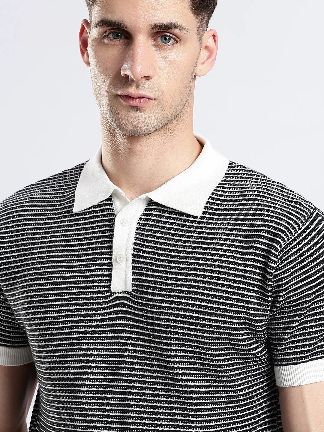 Men's Portofino Striped Jacquard Black & White Polo Vellure