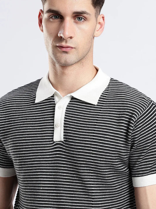 Men's Portofino Striped Jacquard Black & White Polo Vellure