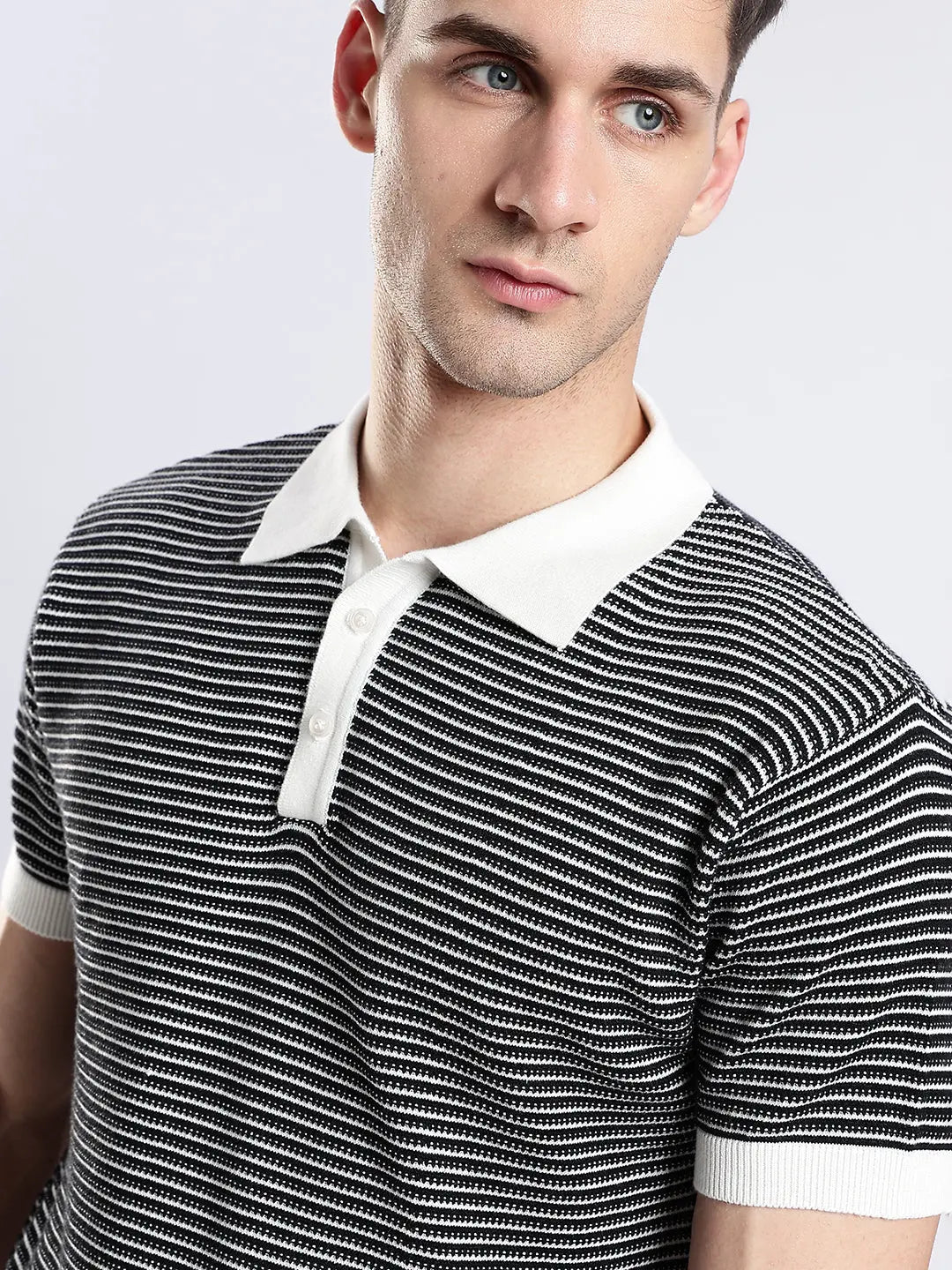 Men's Portofino Striped Jacquard Black & White Polo Vellure
