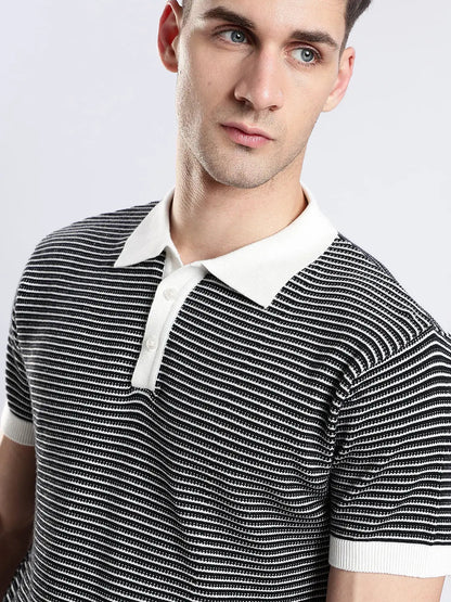 Men's Portofino Striped Jacquard Black & White Polo Vellure
