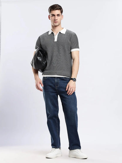 Men's Portofino Striped Jacquard Black & White Polo Vellure