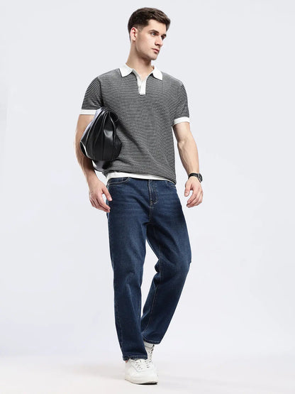 Men's Portofino Striped Jacquard Black & White Polo Vellure