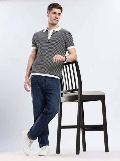 Men's Portofino Striped Jacquard Black & White Polo Vellure