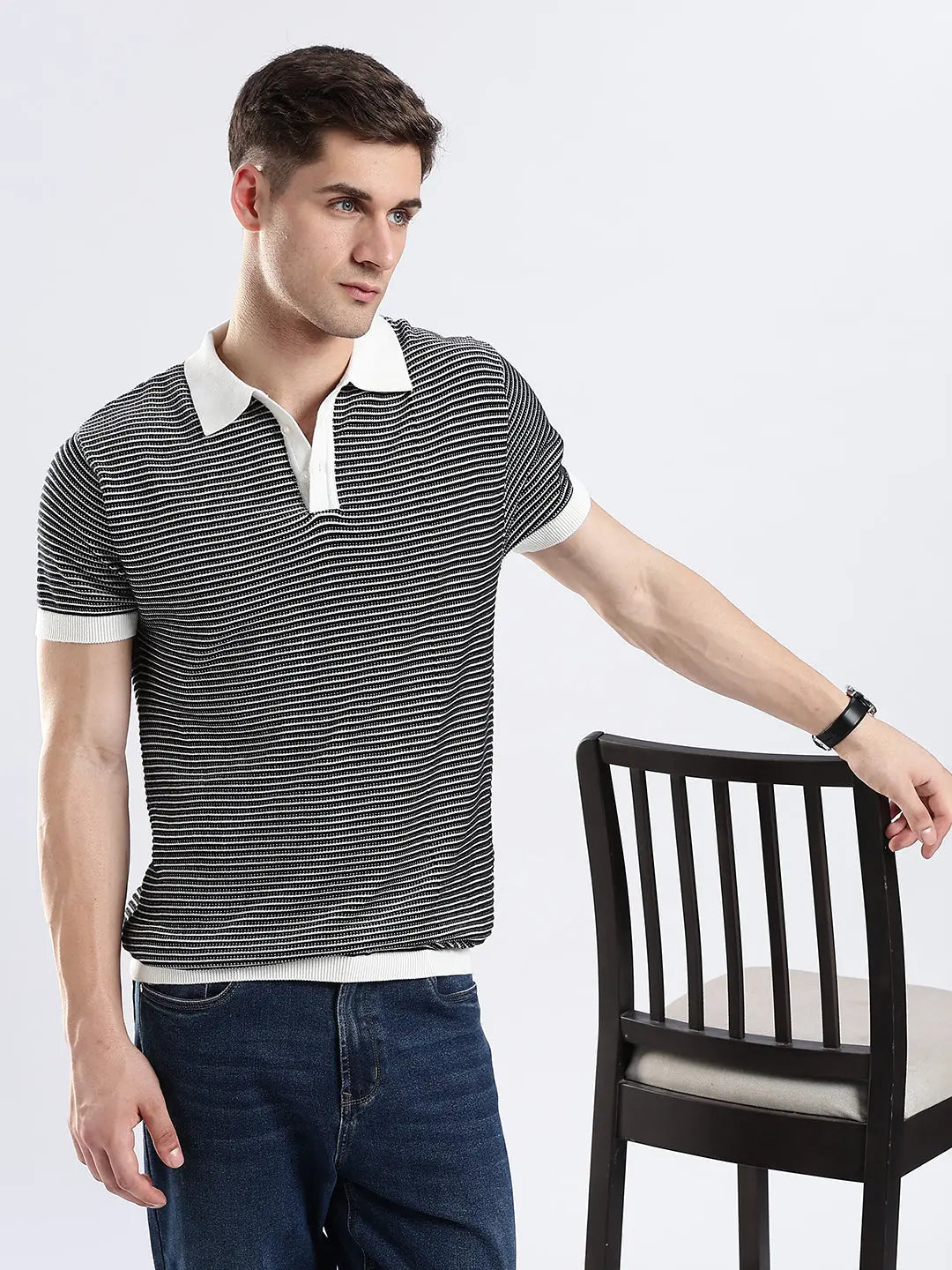 Men's Portofino Striped Jacquard Black & White Polo Vellure