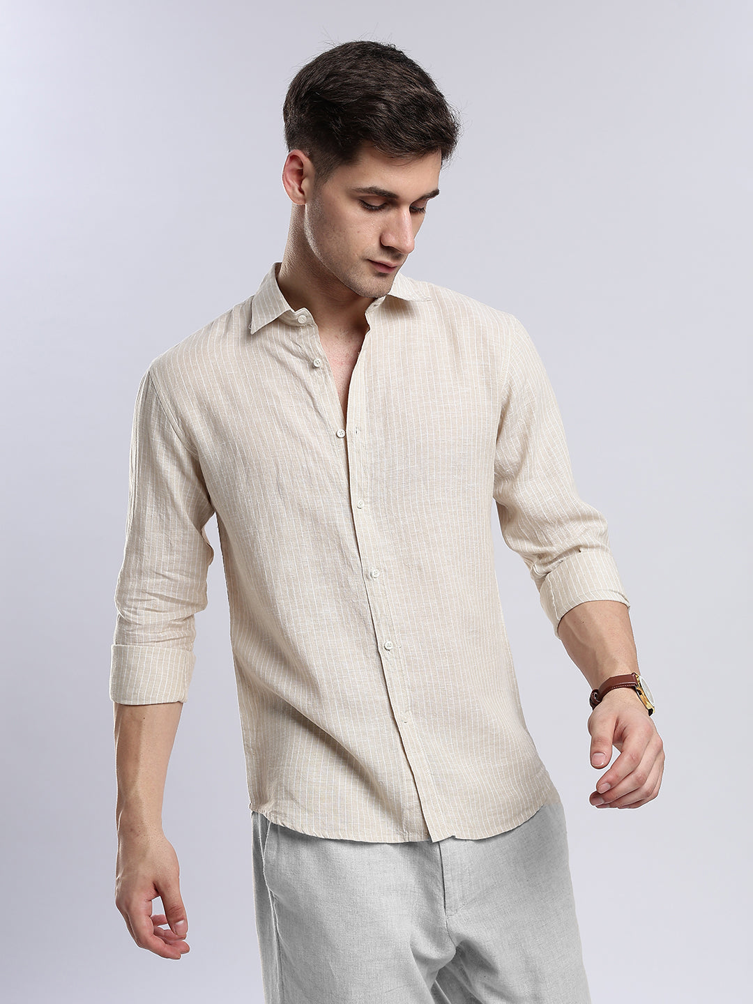 Casual beige long sleeve men’s linen blend shirt model