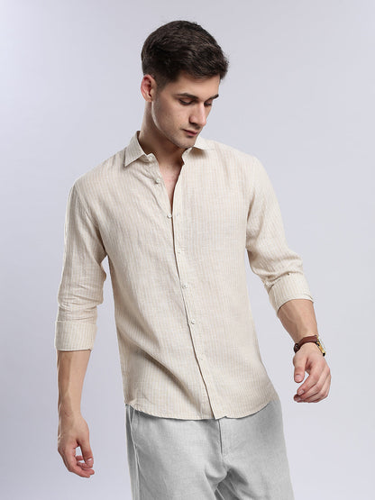 Casual beige long sleeve men’s linen blend shirt model