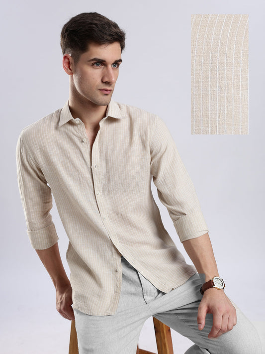 Stylera men’s beige linen blend shirt casual long sleeve