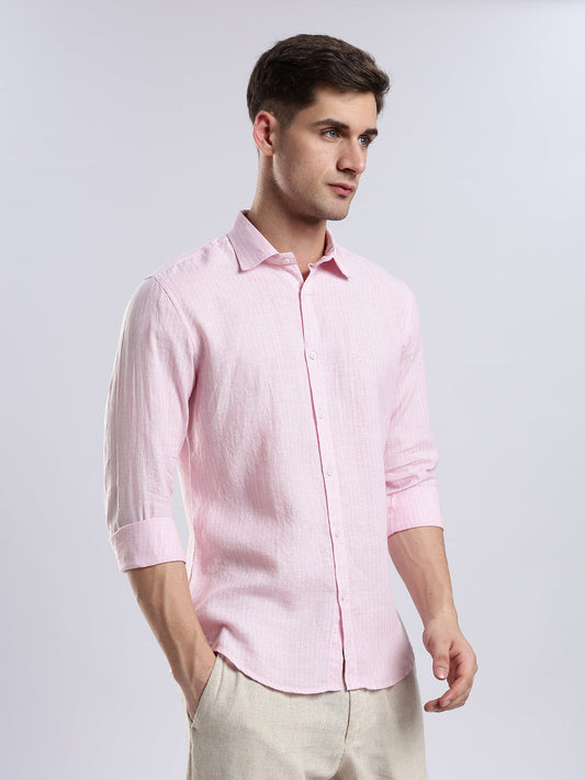 Stylera menâ€™s light pink linen-blend shirt in a slim fit paired with beige trousers.