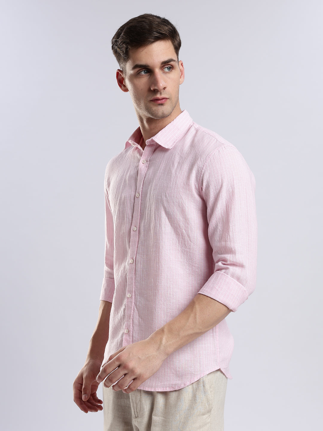 Stylera ice-pink textured shirt for men, ideal for lightweight spring and summer layering.
