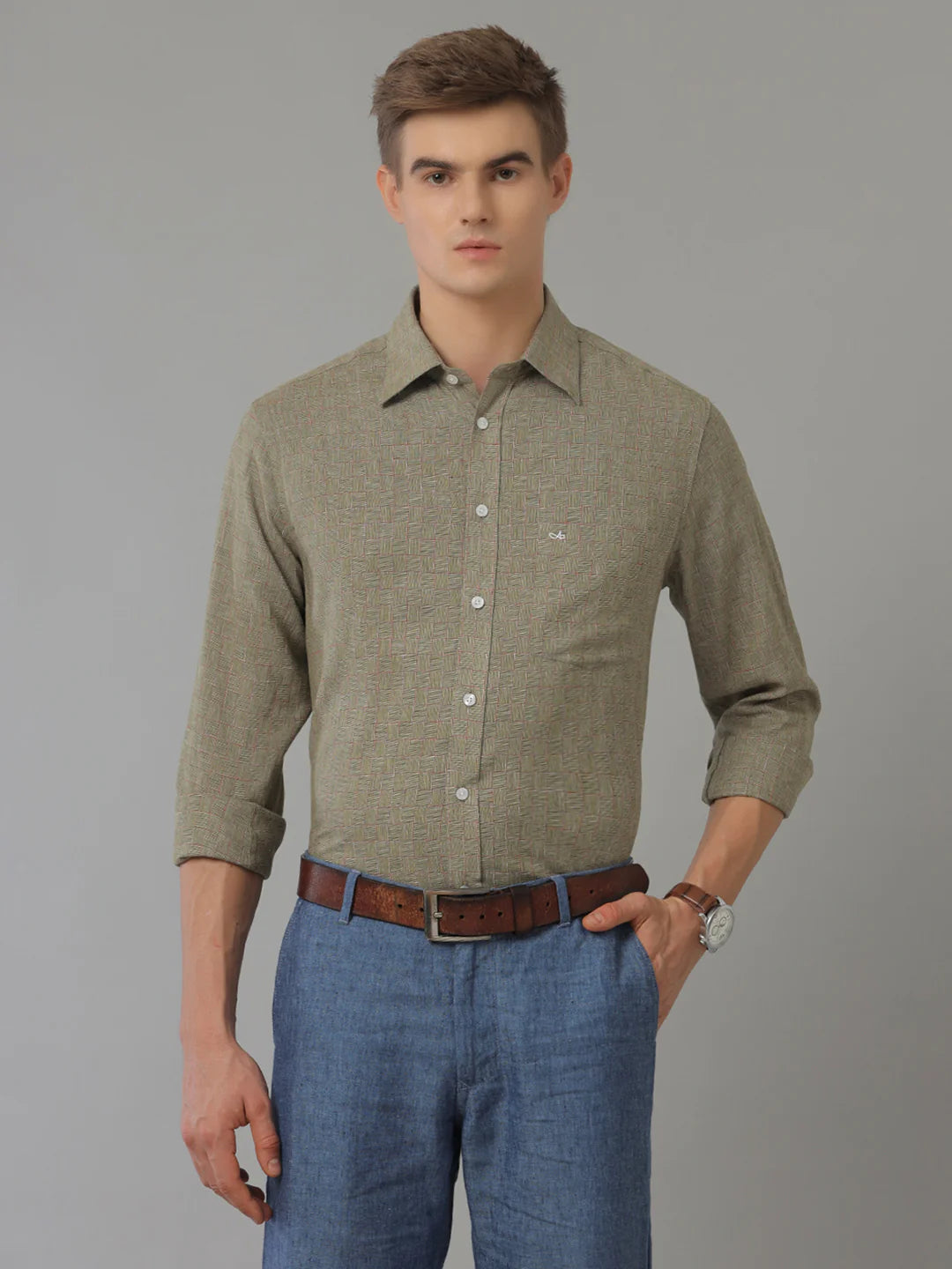 Men Regular Fit Check Green