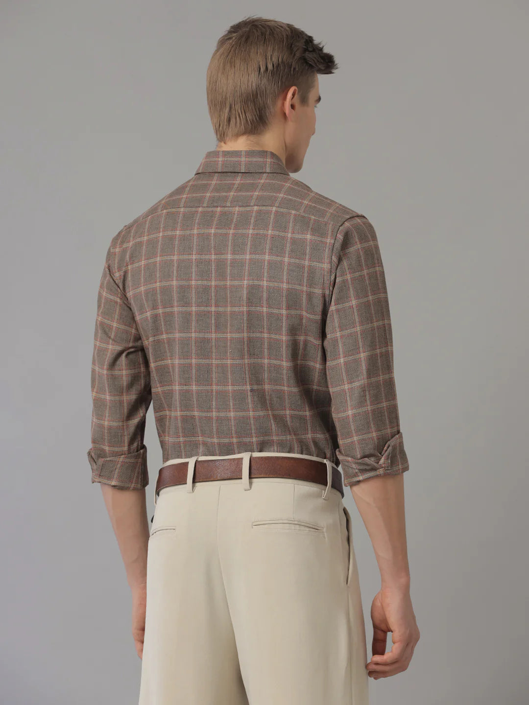 Men Regular Fit Check Brown Casual Linen Blend Shirt