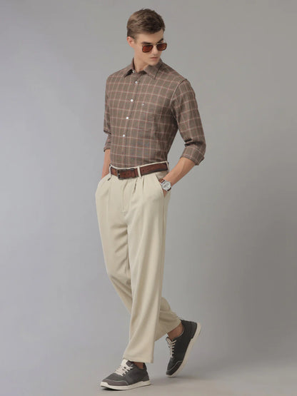 Men Regular Fit Check Brown Casual Linen Blend Shirt