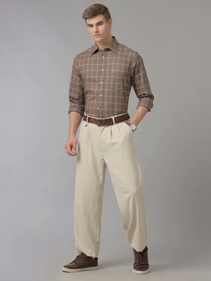 Men Regular Fit Check Brown Casual Linen Blend Shirt