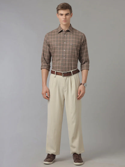 Men Regular Fit Check Brown Casual Linen Blend Shirt