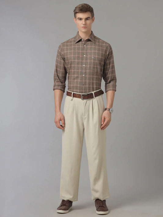 Men Regular Fit Check Brown Casual Linen Blend Shirt