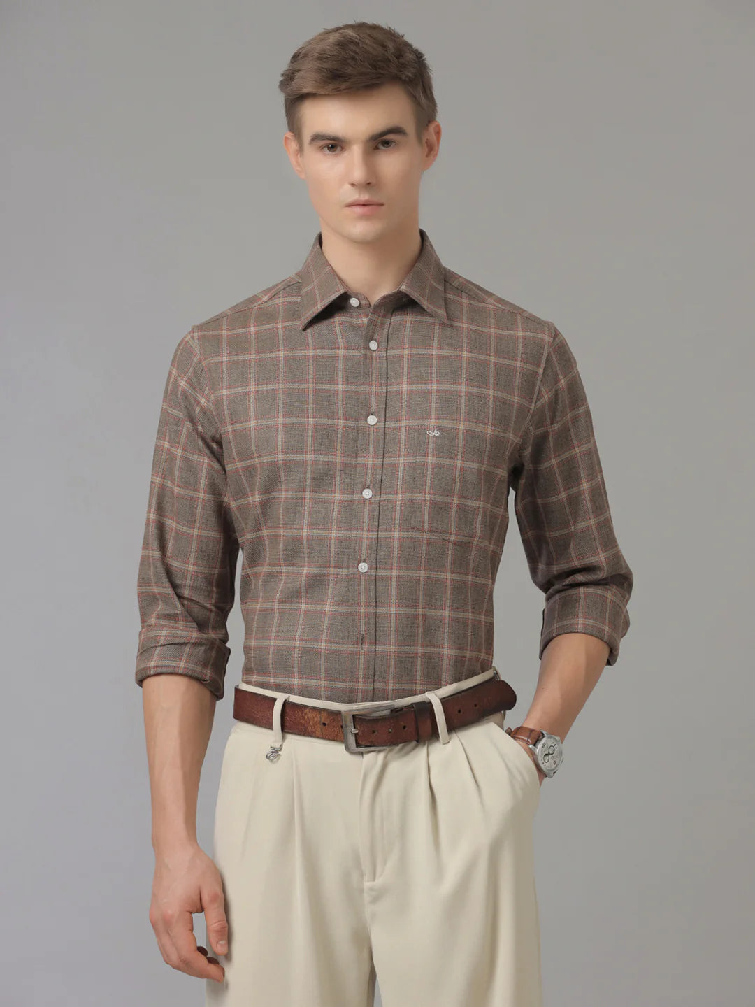Men Regular Fit Check Brown Casual Linen Blend Shirt
