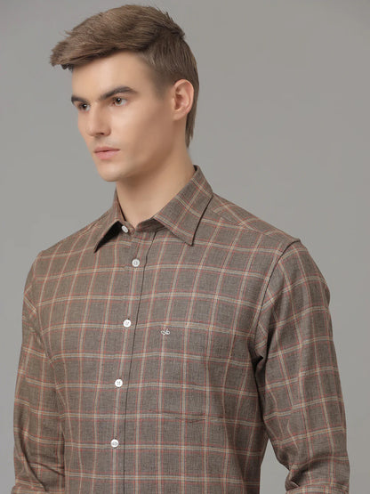 Men Regular Fit Check Brown Casual Linen Blend Shirt
