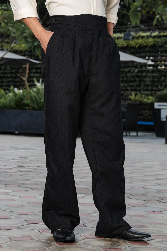 Black Corduroy Gurkha Trousers with Double Pleated Front