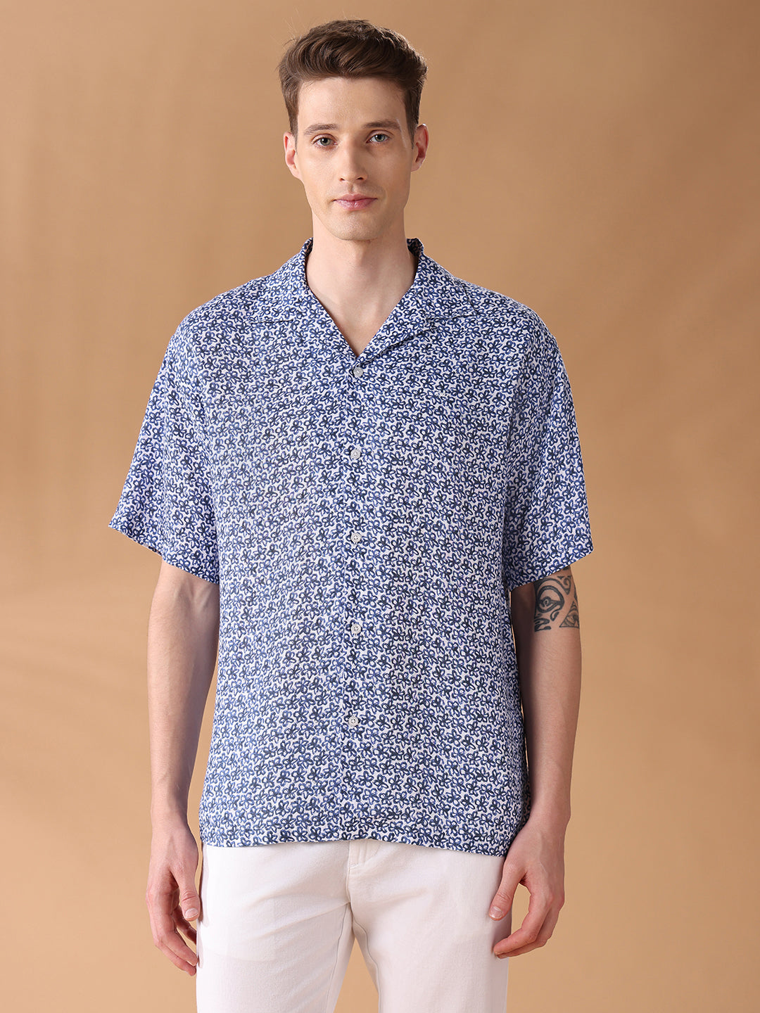 Navy Blue Regular Fit Printed Casual Shirt for Men (ALUAR)