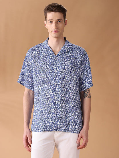 Navy Blue Regular Fit Printed Casual Shirt for Men (ALUAR)