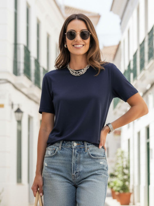 Women Navy Blue Solid Round Neck Regular Fit Cotton T-shirt