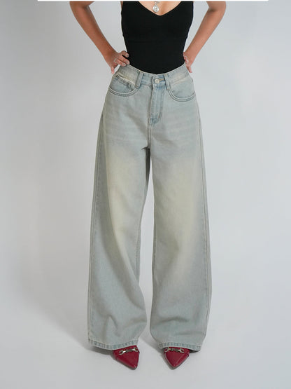 Pale Blue Dirty Wash Wide Leg Jeans