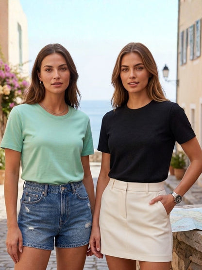 Women Pack of 2 Black and Jade Solid Cotton Round Neck Relaxed Fit Sport T-Shirt