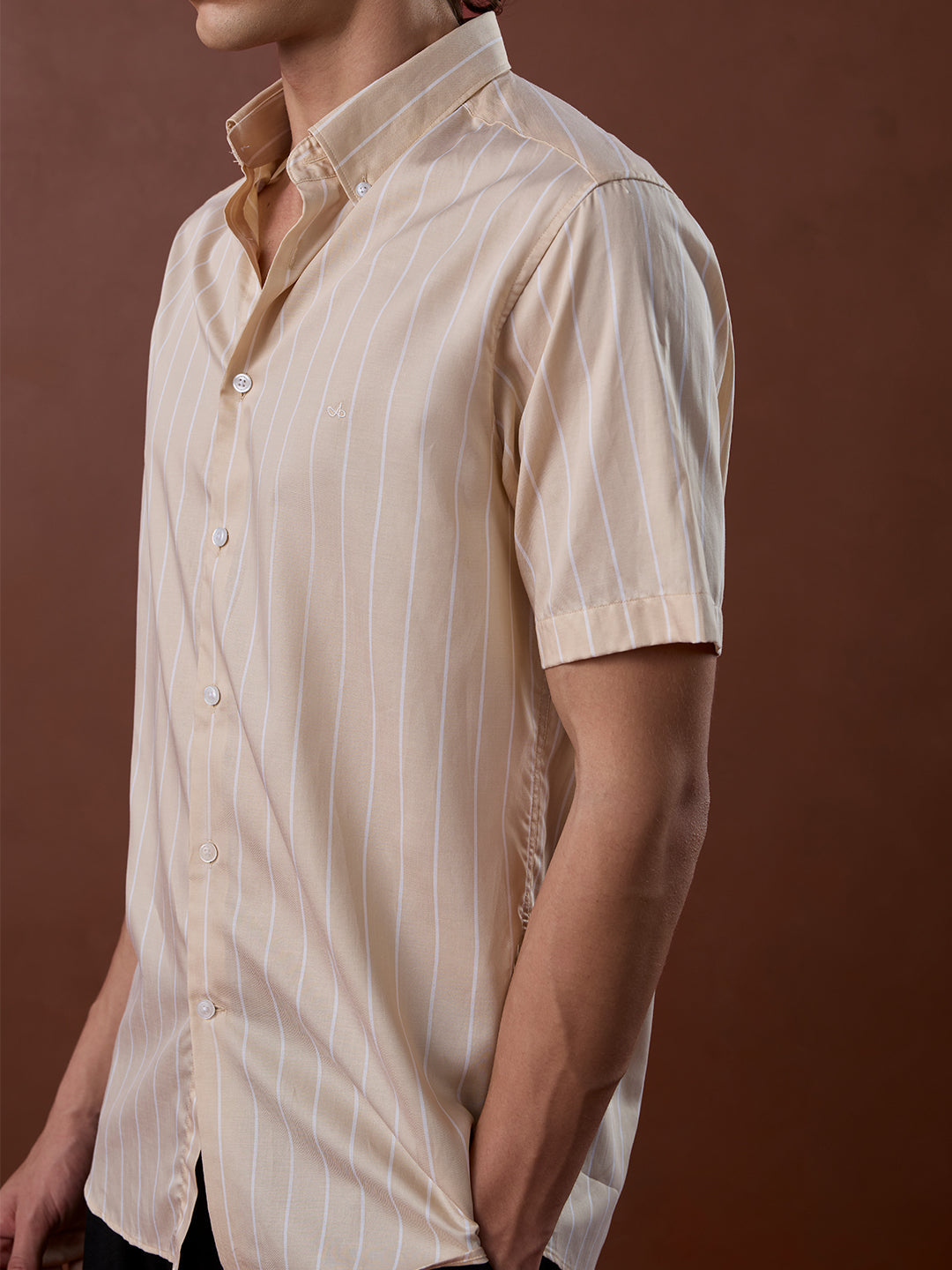 Beige Regular Fit Striped Smart Casual Cotton Shirt for Men (LARIN)