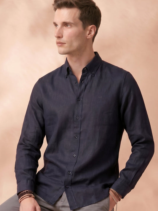 Regular Fit Black Linen Solid Casual Shirt for Men (LITRA)