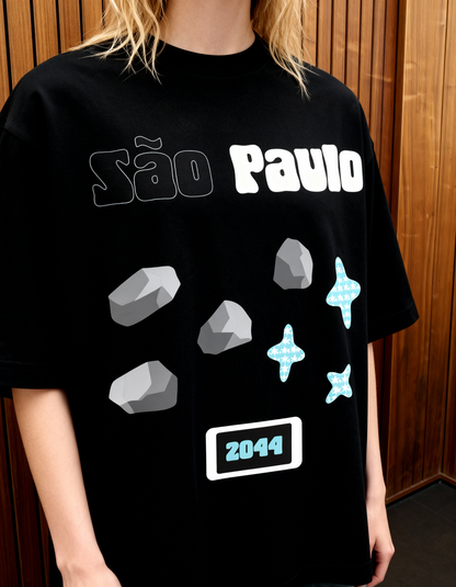 Sao Paulo Printed Black Oversized T-Shirt Main Character