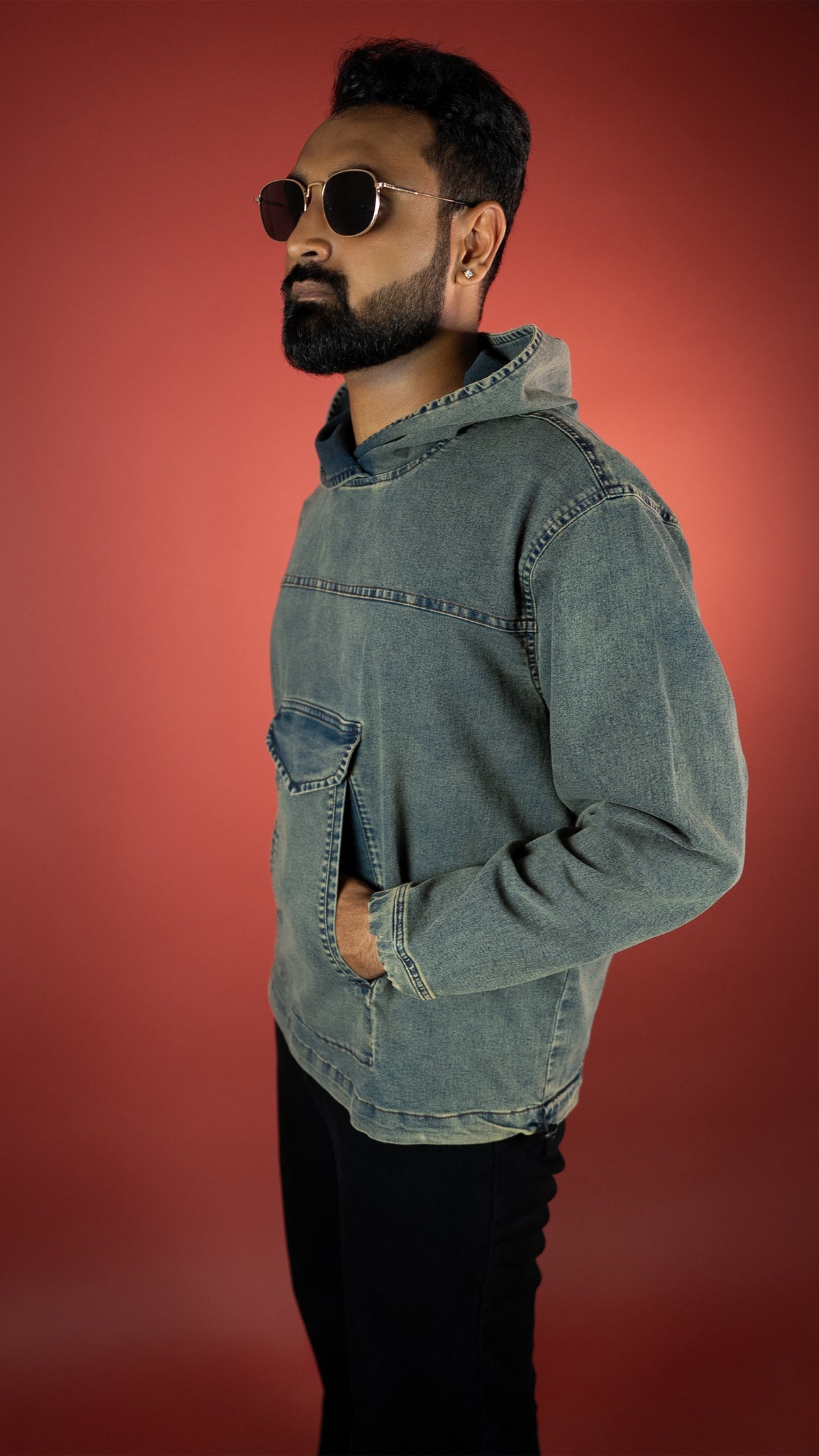 Acid Wash Denim Men'S Hoodie Rustlines