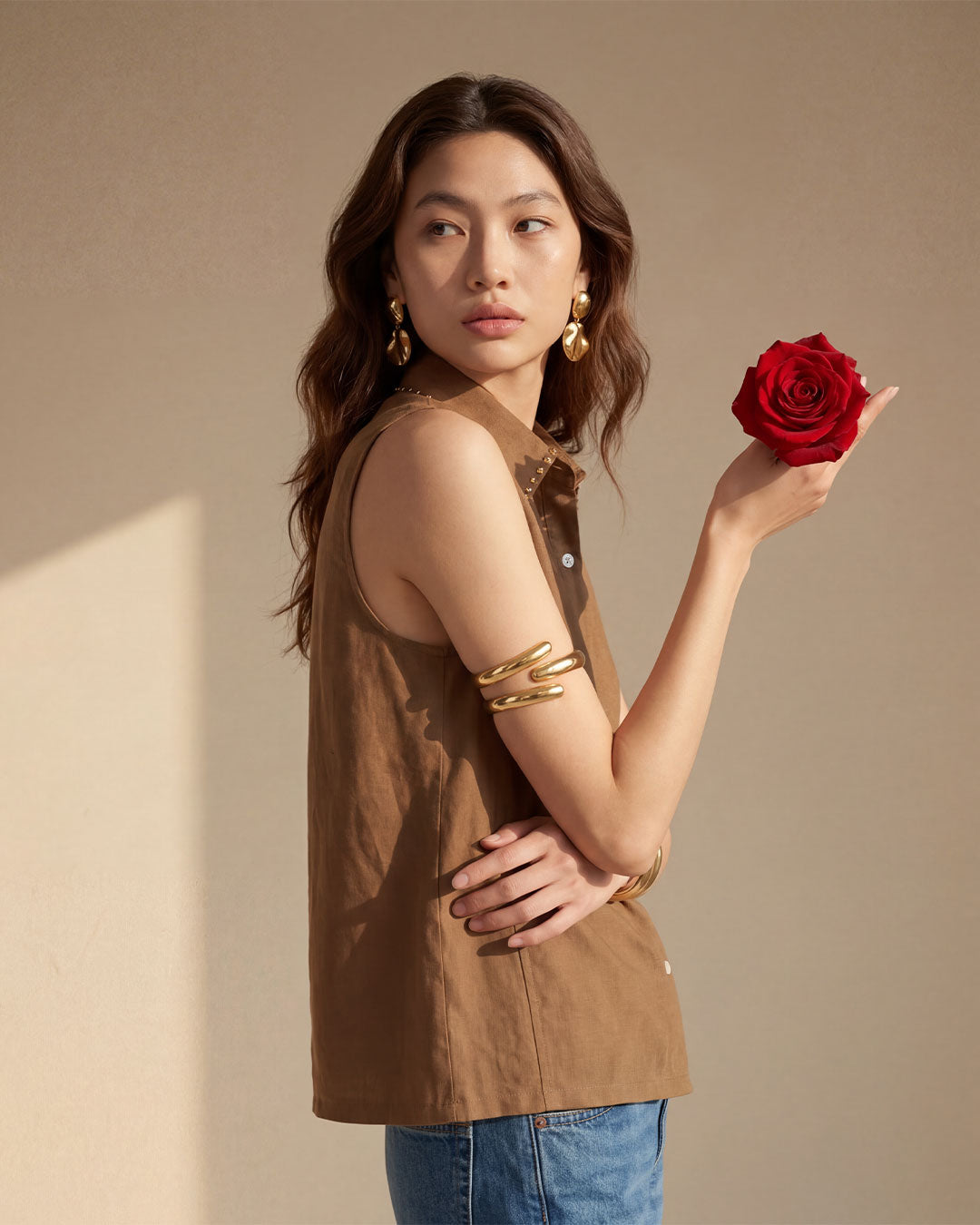 Brown Sleeveless Linen Shirt