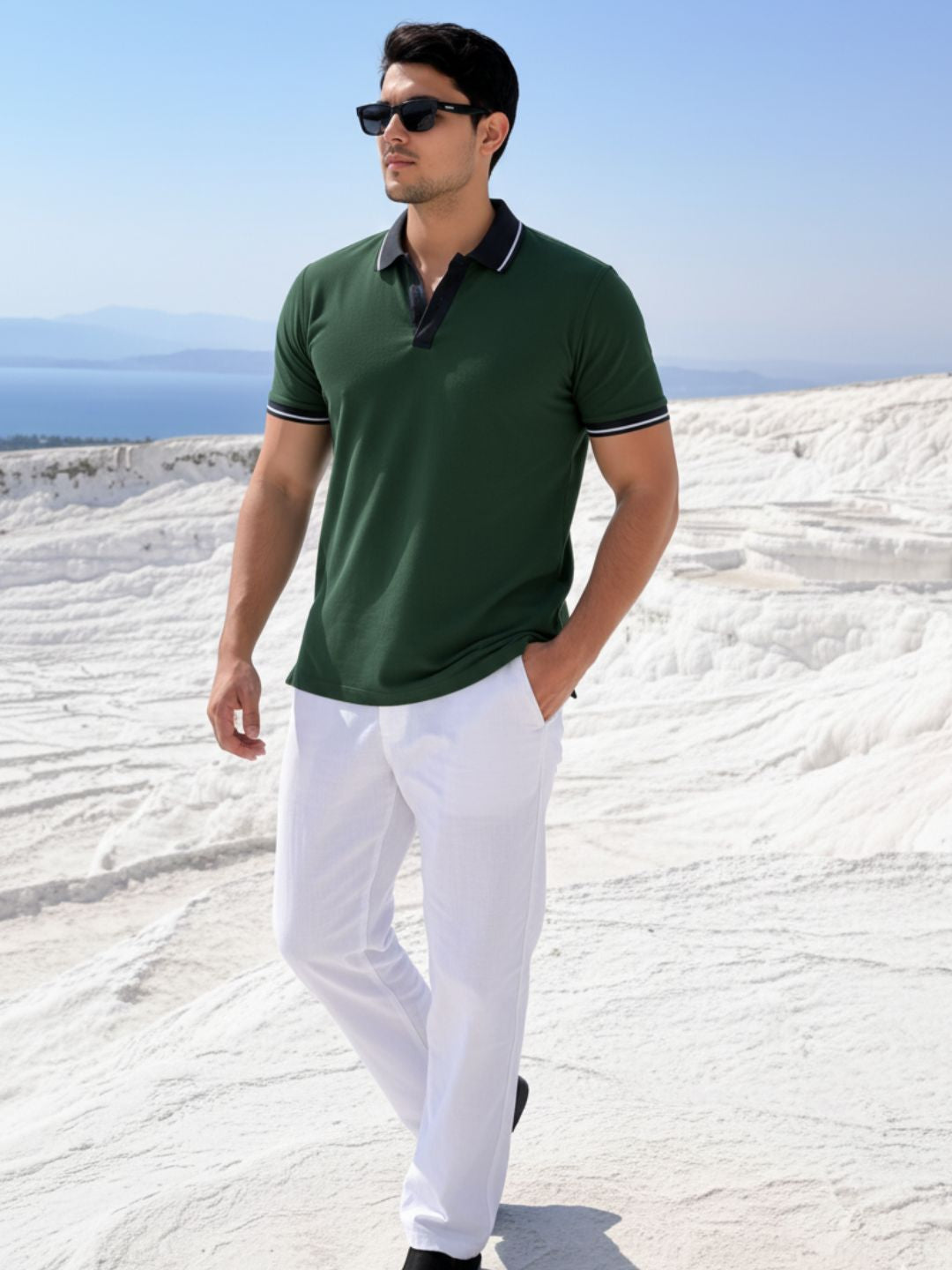 Men Solid Bottle Green Polo Collar Regular Fit Half Sleeve Cotton T-Shirt