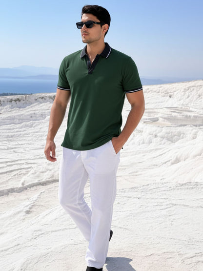 Men Solid Bottle Green Polo Collar Regular Fit Half Sleeve Cotton T-Shirt