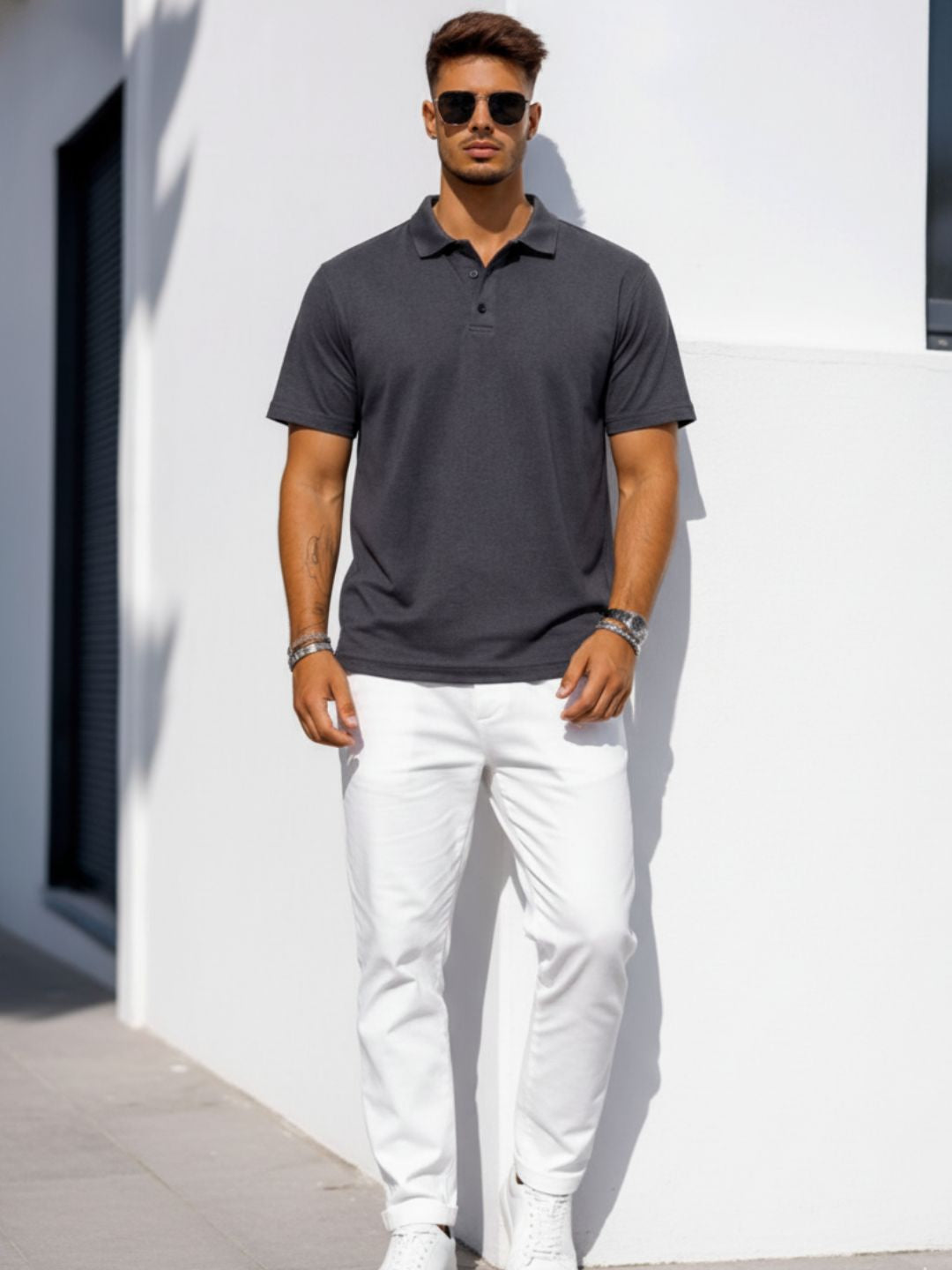 Men Solid Charcoal Grey Cotton Polo Collar Half Sleeve Regular Fit T-Shirt