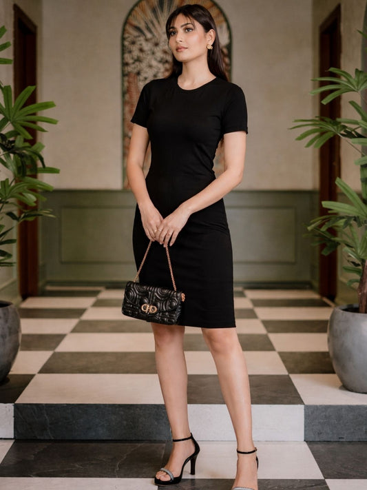 Women Black Round Neck Short Sleeves Cotton Bodycon Midi Dress