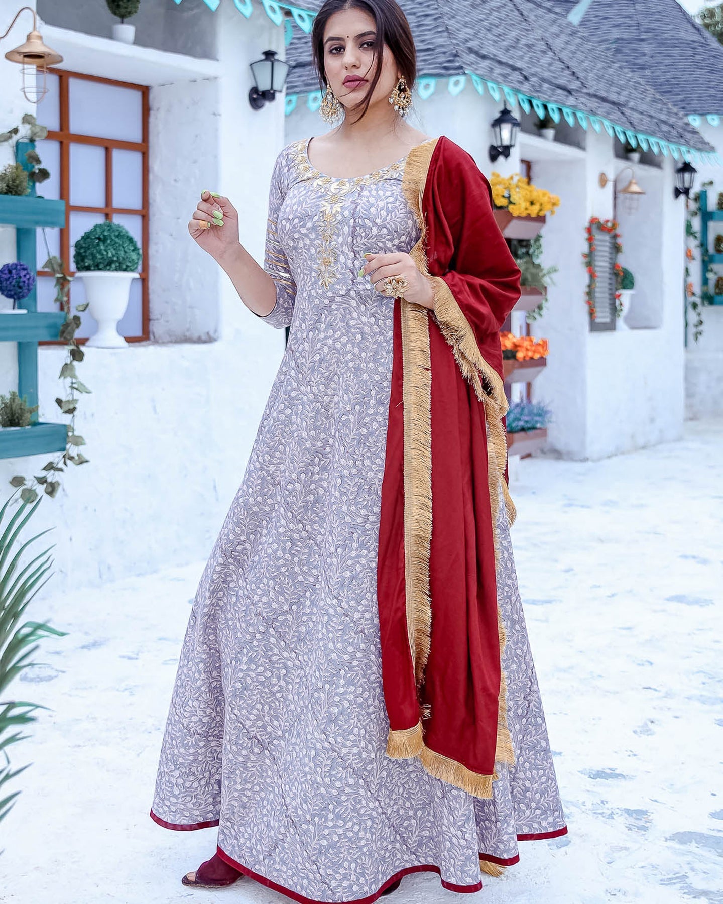 Grey Floor Length Suit Set