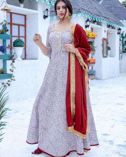 Grey Floor Length Suit Set