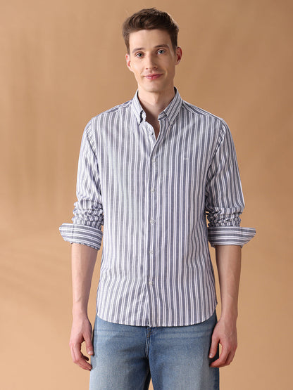 Blue Regular Fit Striped Casual Shirt for Men (COSMO)
