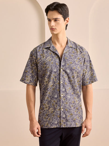 Navy Blue Regular Fit Printed Casual Cotton Shirt for Men (LUMAS)