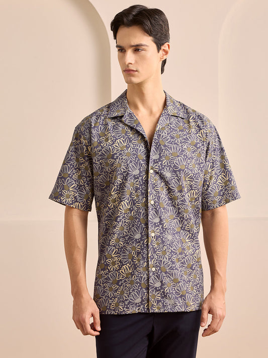 Navy Blue Regular Fit Printed Casual Cotton Shirt for Men (LUMAS)