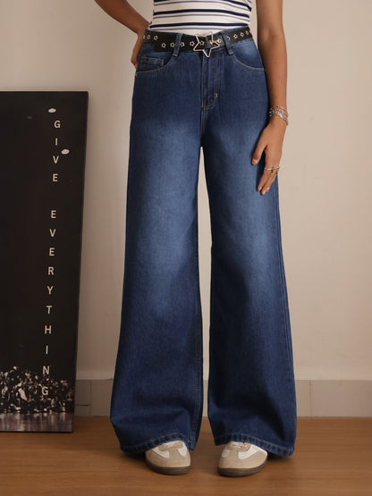 Classic Blue Washed Wide Leg Jeans