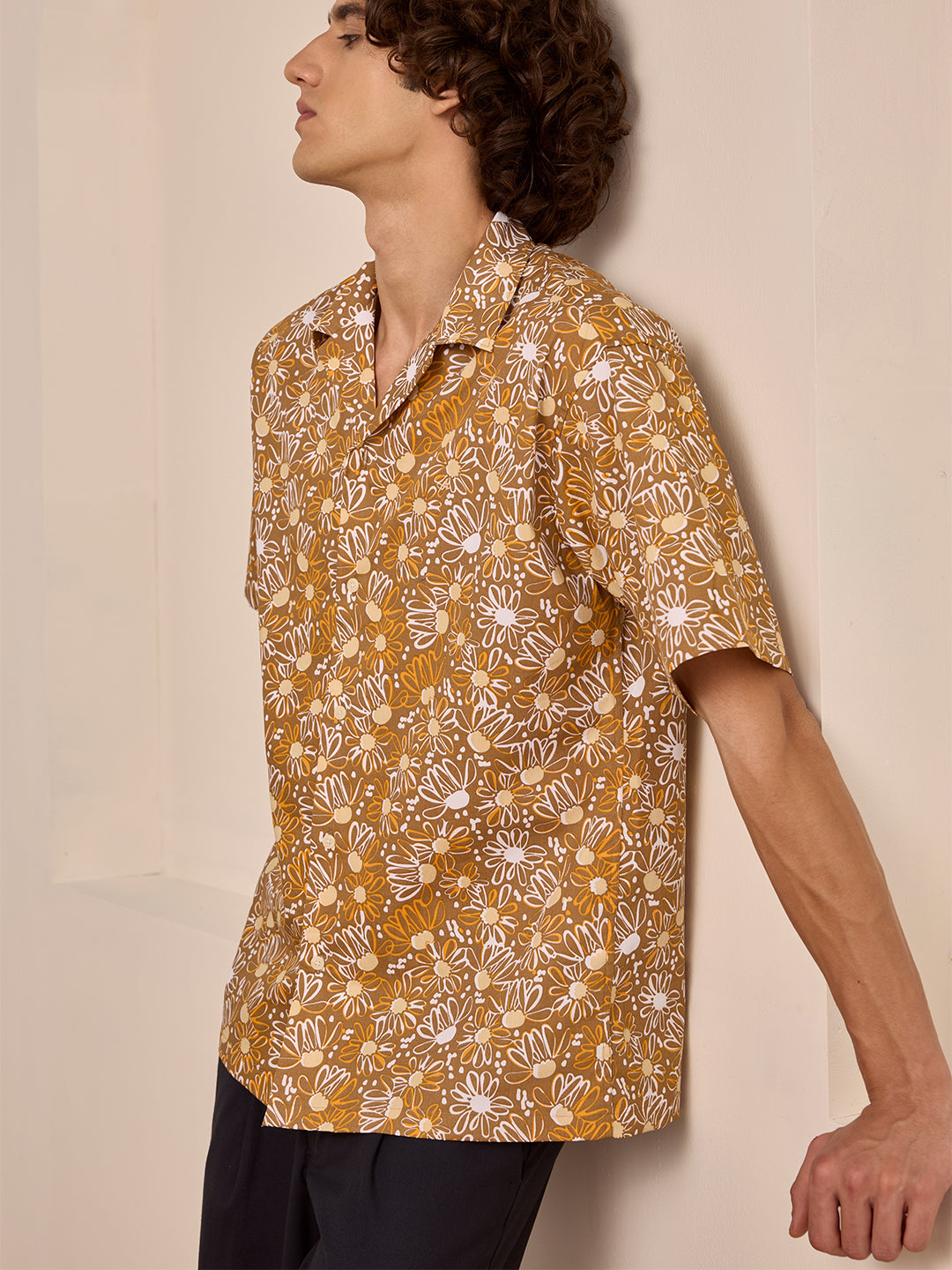 Beige Regular Fit Printed Casual Cotton Shirt for Men (LUNAX)