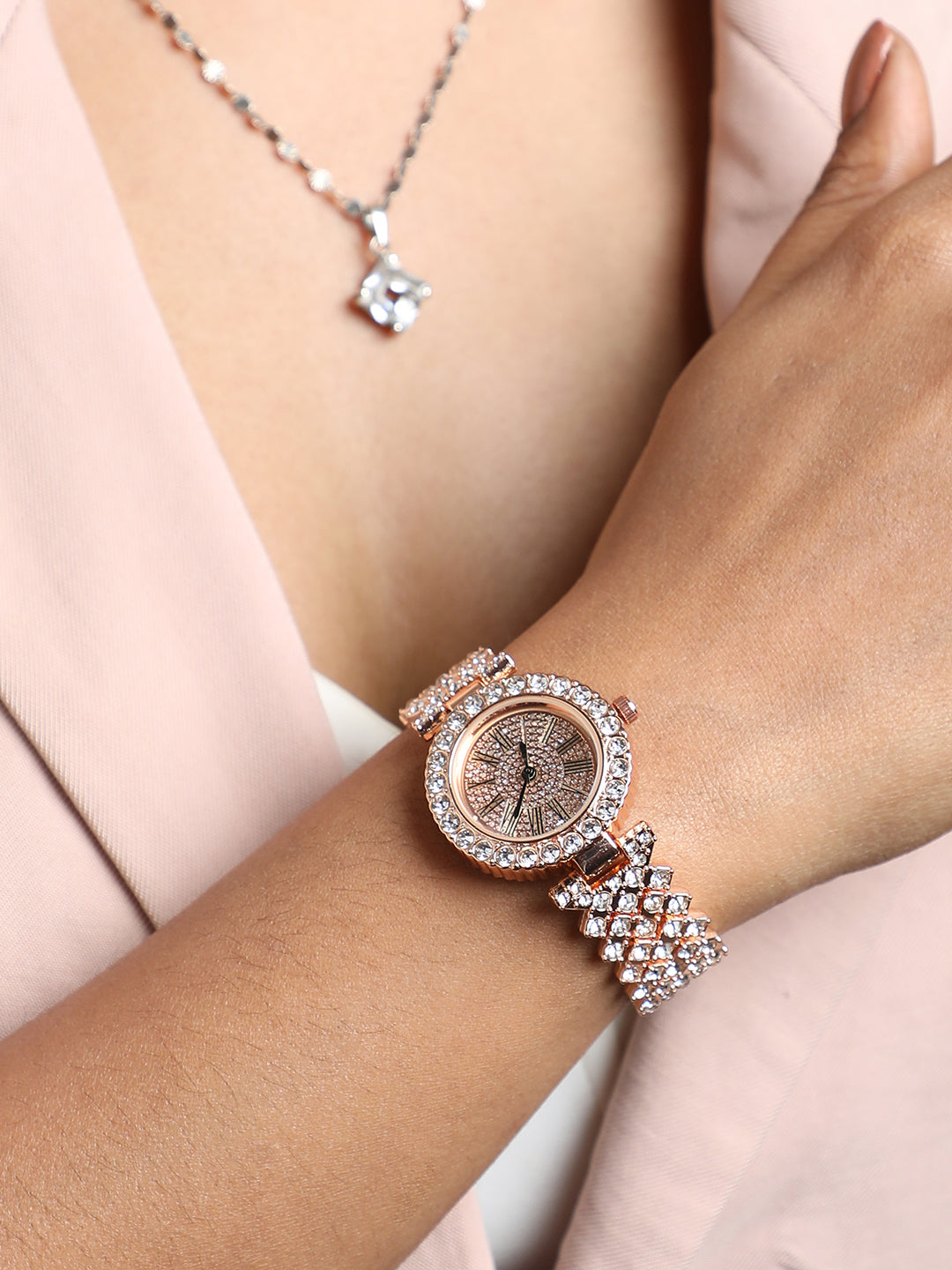 Embellished Round Watch - Rose Gold