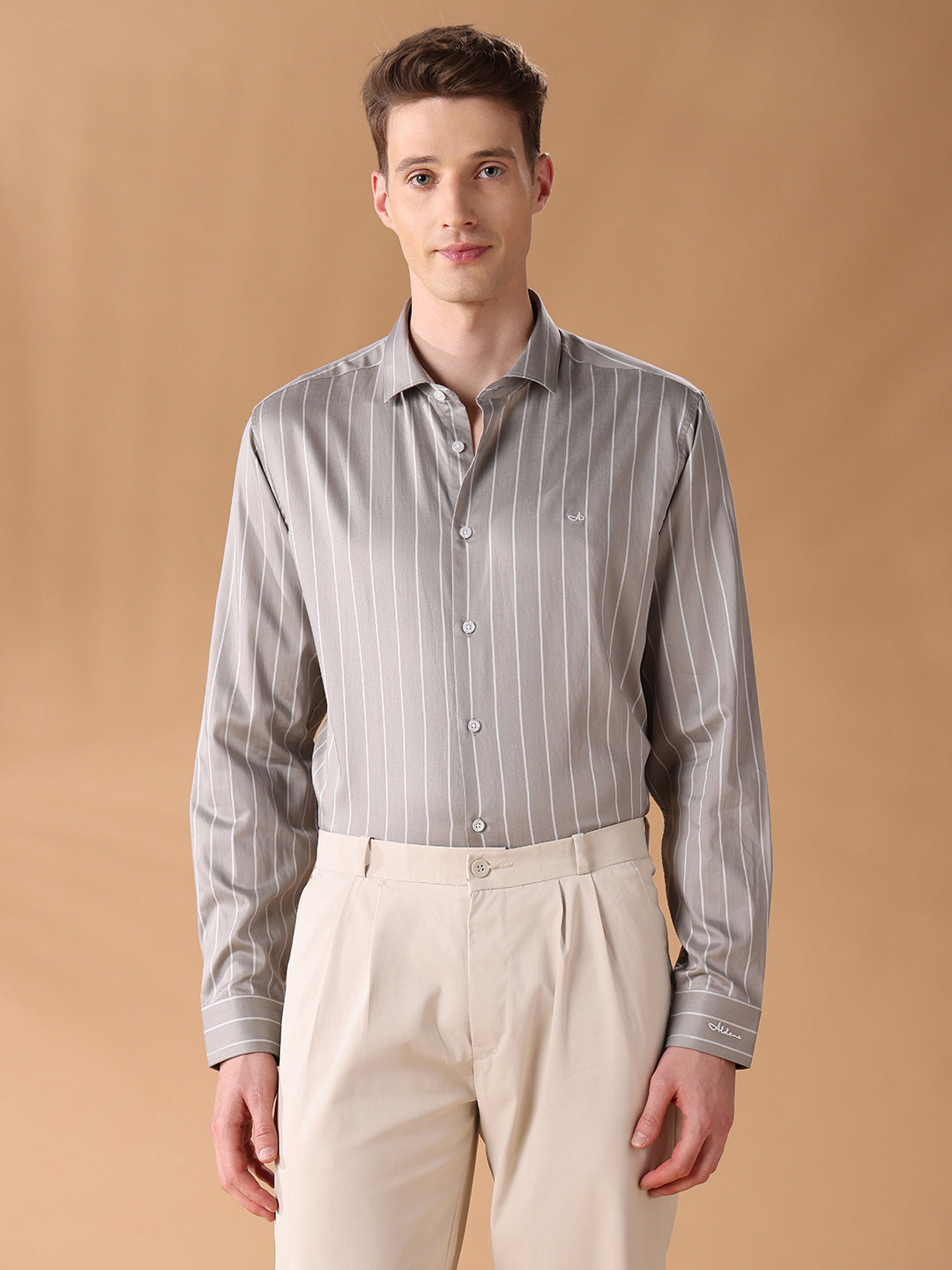 Grey Regular Fit Striped Formal Shirt for Men (FIANA)