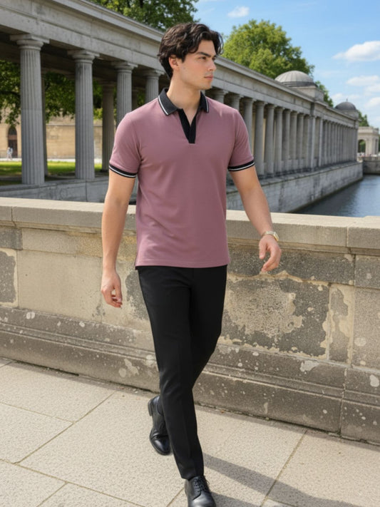 Men Solid Mauve Tipping Collar Regular Fit Half Sleeve Cotton T-Shirt