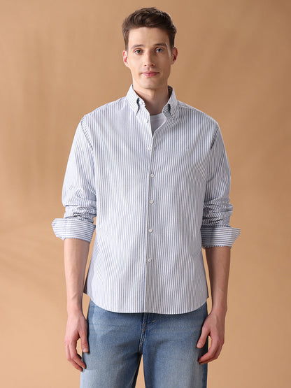 Blue Regular Fit Striped Casual Shirt for Men (AVINO)