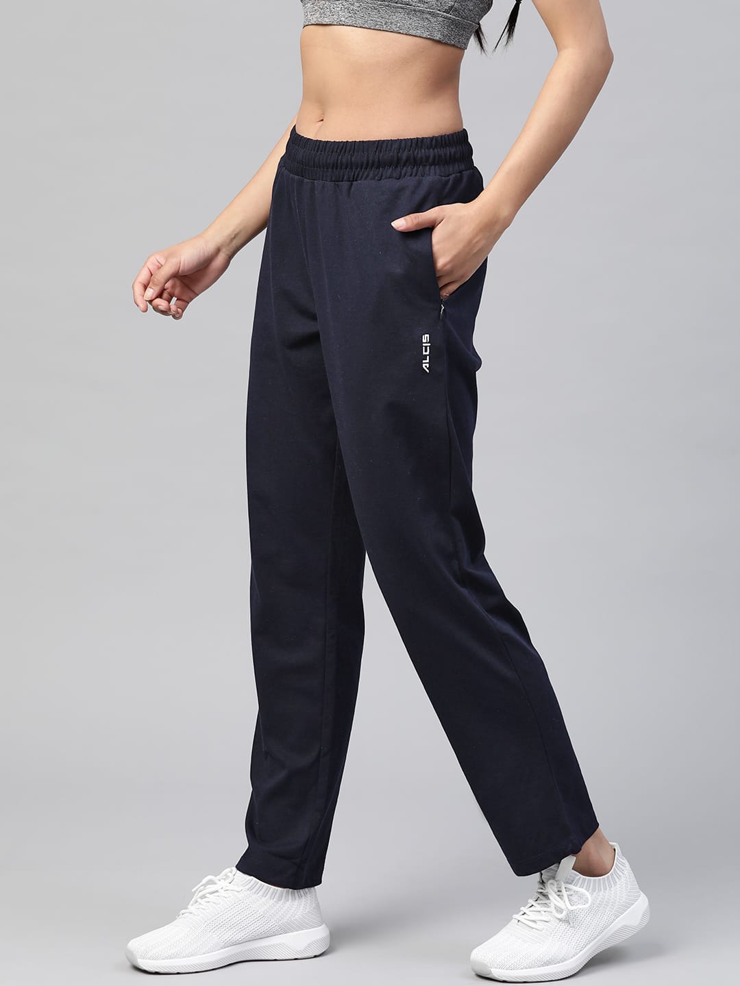 Alcis Women Navy Blue Slim Fit Solid Knitted Track Pants