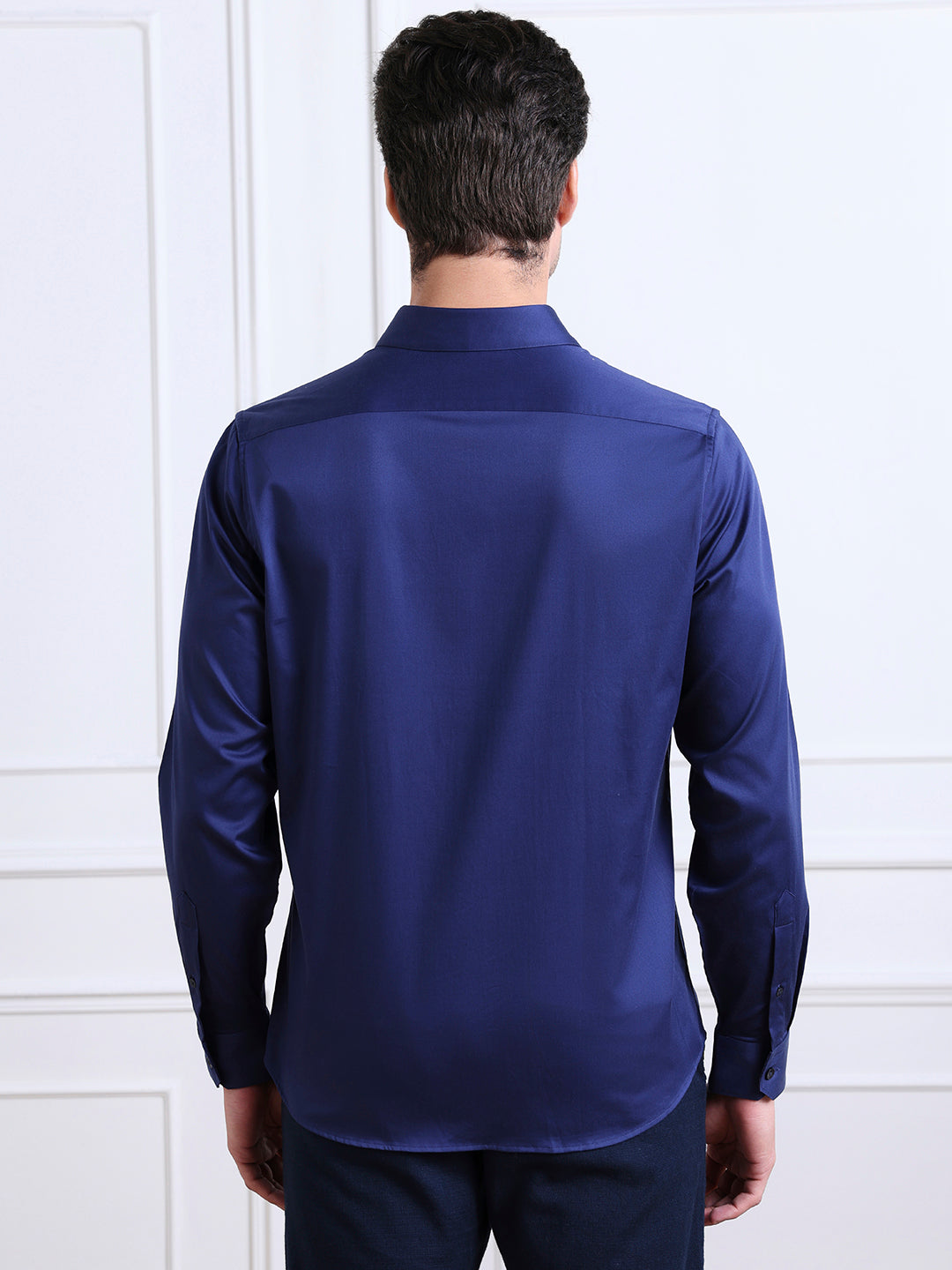 Navy Blue Regular Fit Solid Casual Satin Shirt for Men (BENITO)